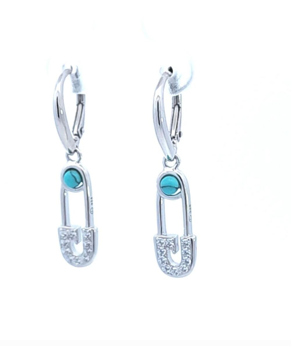 Safety Pin Turquoise earrings Link Drop Earrings Sterling Silver 925  huggie